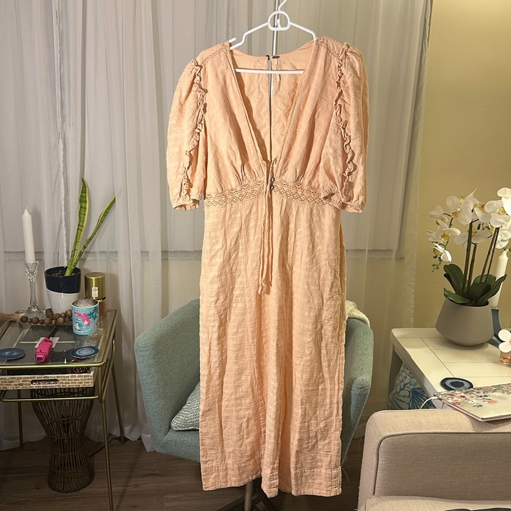 Free People Slow Pace Romantic Ruffles Femme Puff Sleeve Midi Dress Size Large - Picture 5 of 9
